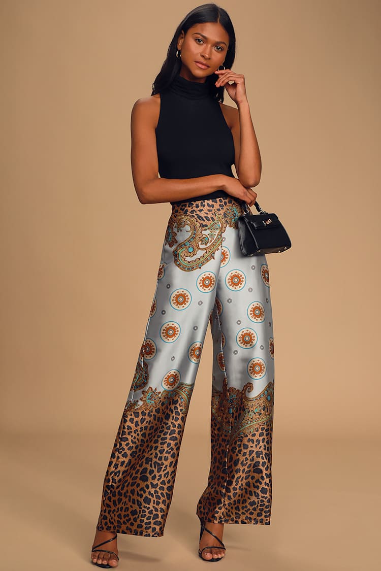 Blue Scarf Print Pants - Satin Wide-Leg Pants - Leopard Pants - Lulus