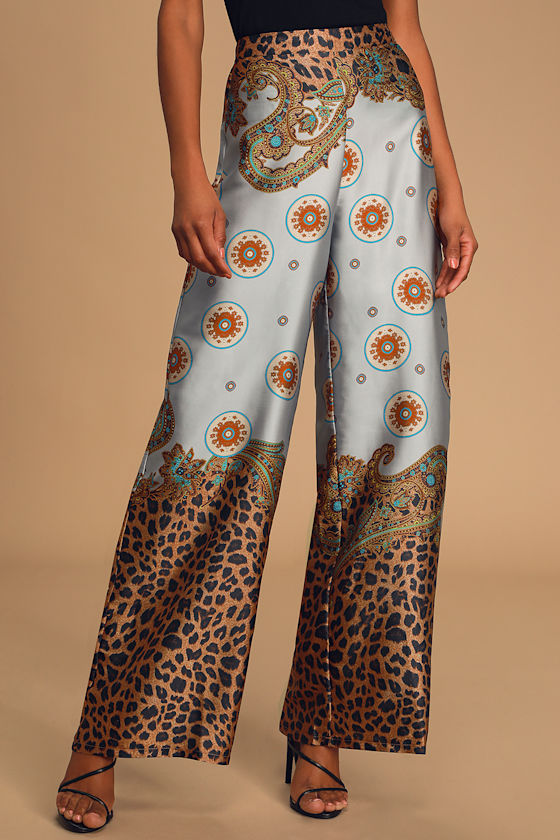Island Getaway Blue Multi Scarf Print Satin Wide-Leg Pants 4
