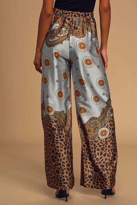 Blue Scarf Print Pants - Satin Wide-Leg Pants - Leopard