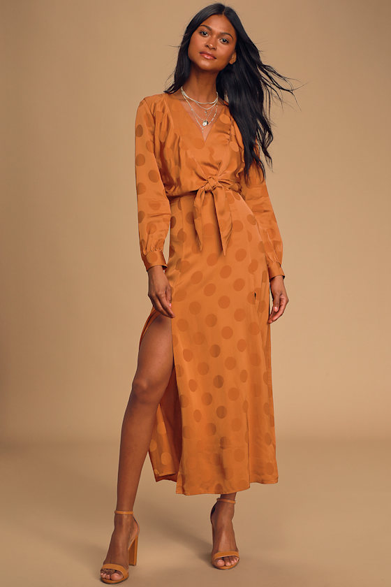 Evelyn Rust Orange Polka Dot Jacquard Long Sleeve Midi Dress 5