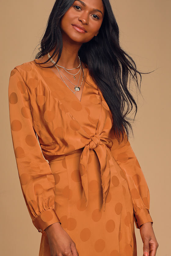 Evelyn Rust Orange Polka Dot Jacquard Long Sleeve Midi Dress 2