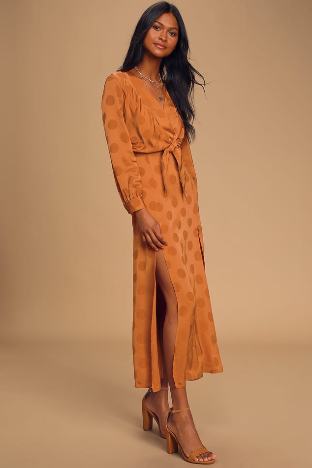 Lulus Long - Dot Polka Dress Dress Midi Evelyn - Sleeve Orange - Capulet