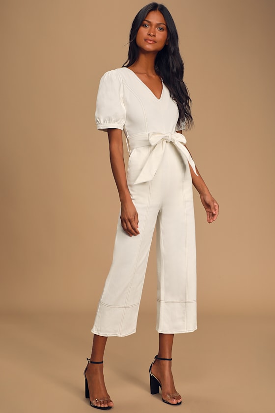 Vacay Slay White Denim Puff Sleeve Jumpsuit 5