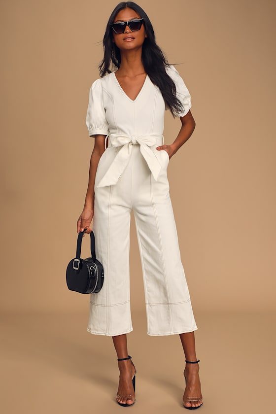 Vacay Slay White Denim Puff Sleeve Jumpsuit 2