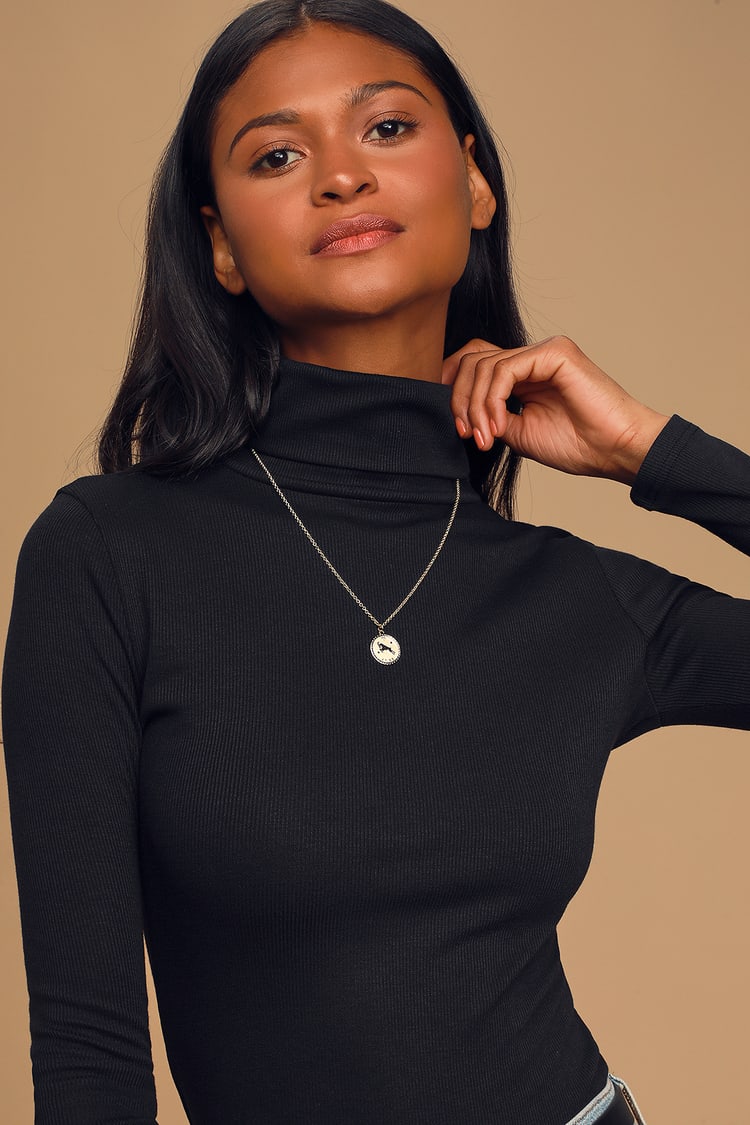 Ribbed Long Sleeved Turtle Neck Top Black