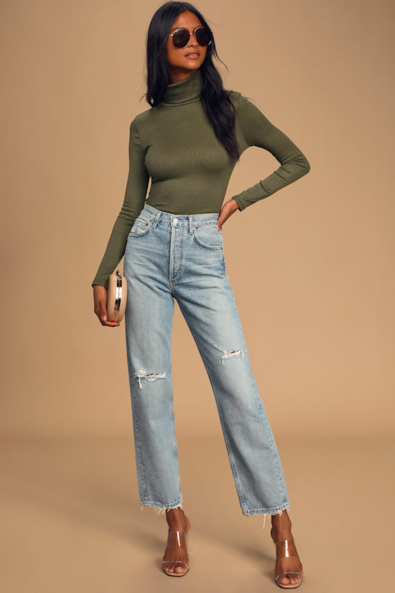 Olive Green Long Sleeve Turtleneck Top 