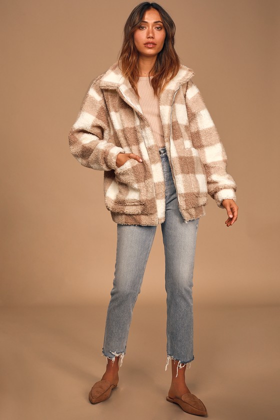 Beige Plaid Jacket - Oversized Teddy Jacket - Faux Fur Jacket - Lulus