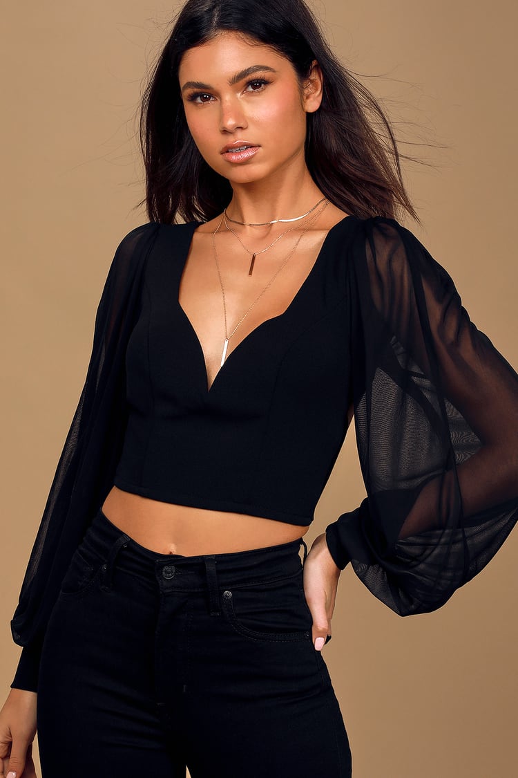 Starting the Party Black Mesh Balloon Sleeve Backless Crop Top