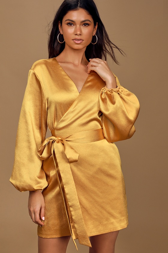 mustard satin wrap dress