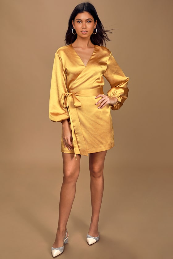 Sinclair Golden Yellow Satin Long Sleeve Wrap Dress 1