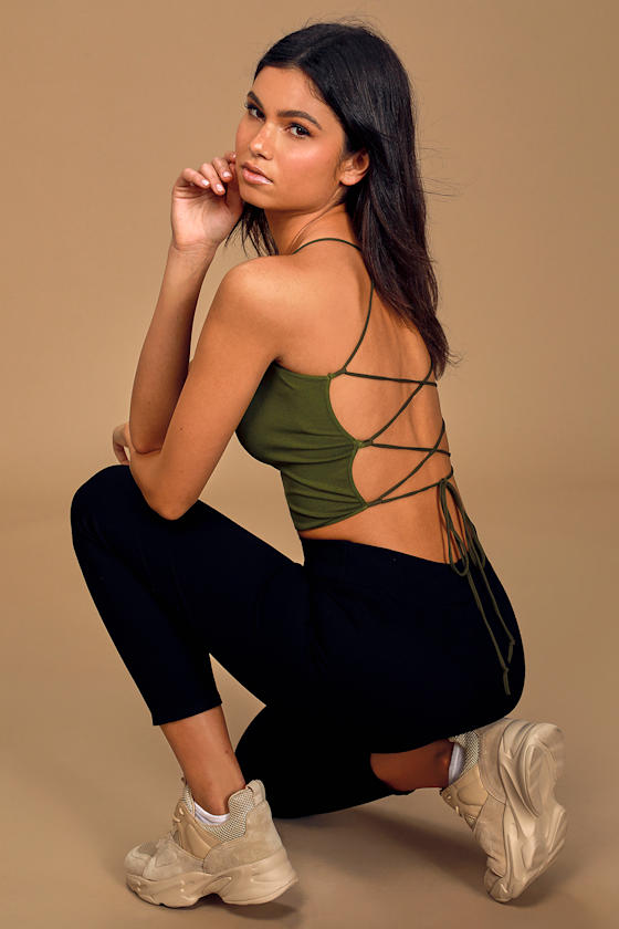 Intrigue Olive Green Lace-Up Crop Top 5