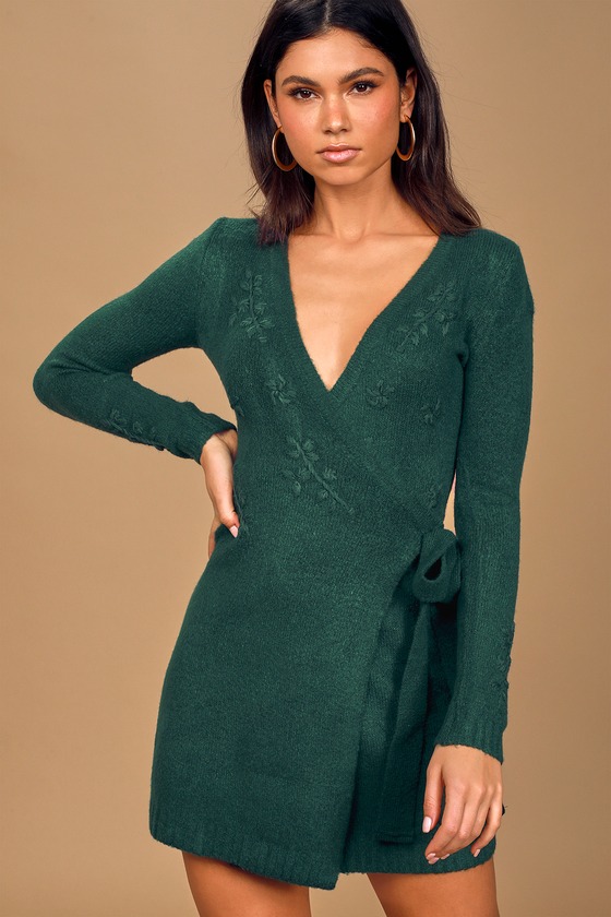 Forest Green Dress - Long Sleeve Wrap Dress - Sweater Dress - Lulus