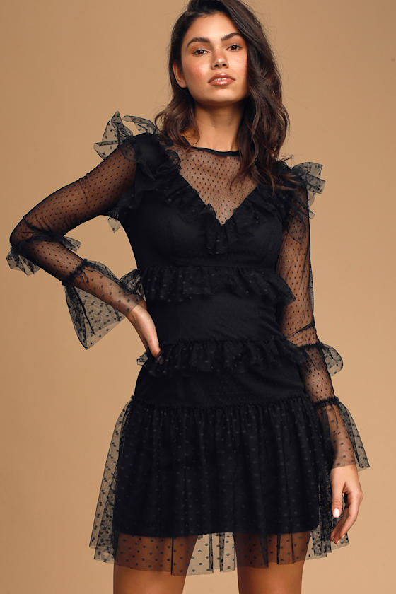 Juliette Black Swiss Dot Ruffled Mesh Long Sleeve Mini Dress 3