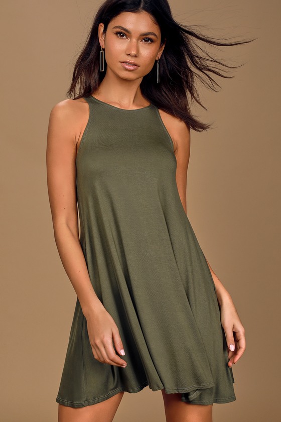 Olive Green Dress - Sleeveless Dress 