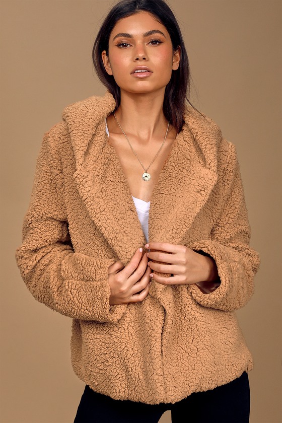 Snuggly Situation Tan Hooded Teddy Coat - Lulus