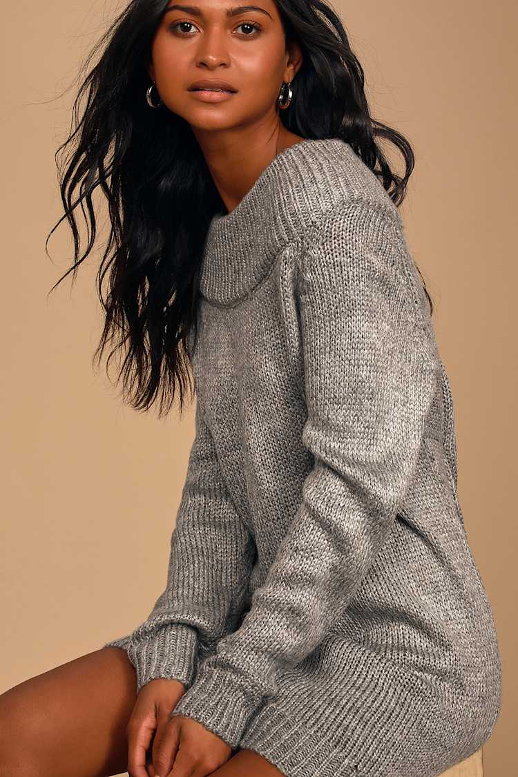 Grey Sweater Dress - Off-the-Shoulder Dress - Long Sleeve Dress - Lulus