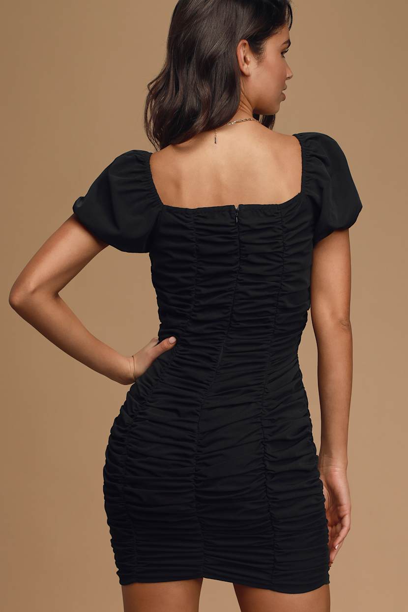 black textured glitter ruched puff sleeve cup detail bodycon dress Black Ruched Bodycon Dress - Puff Sleeve Dress - Ruched Dress