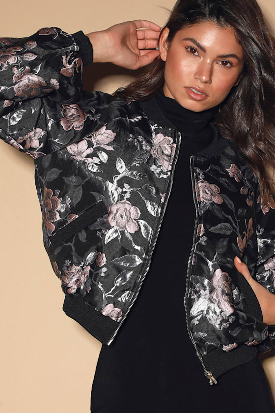 Floral Print Jacket Jacquard Bomber Jacket Black Bomber Lulus