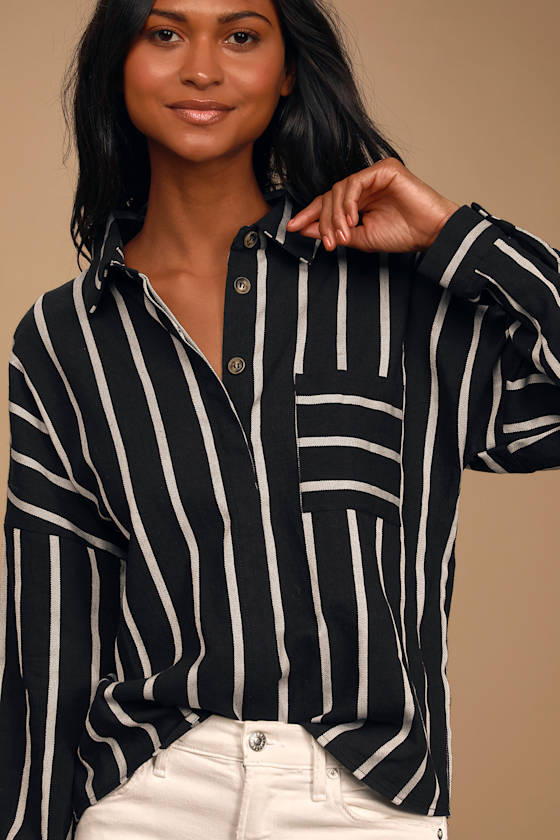 Amelia Dawn Black and White Striped Long Sleeve Button-Up Top 10