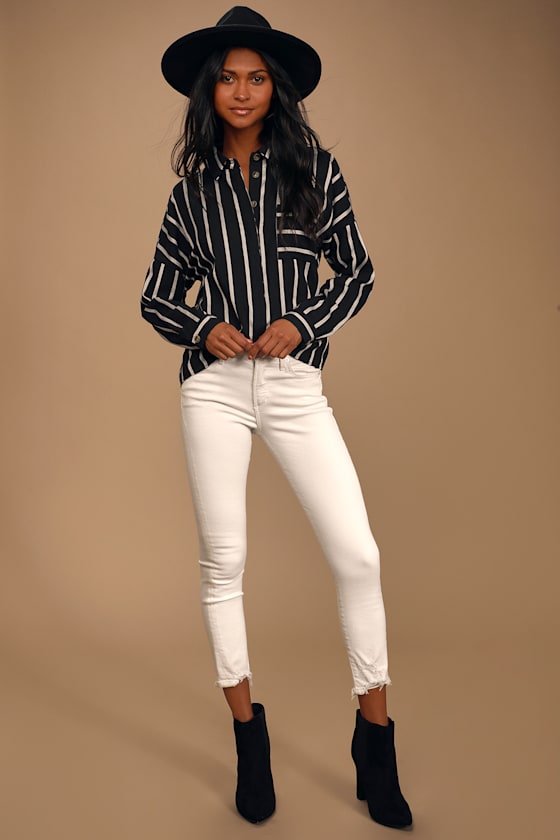 Amelia Dawn Black and White Striped Long Sleeve Button-Up Top 8