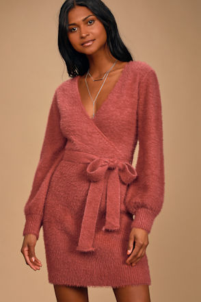 pink v neck sweater dress V-Neck Knit Dress and Cardigan Sweater Set Blush Pink / M