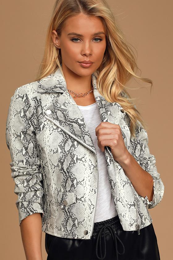 Beatrix Black and White Snake Print Vegan Leather Moto Jacket 3