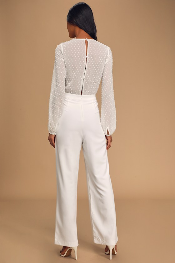 Clareese White Swiss Dot Ruffled Long Sleeve Jumpsuit 5