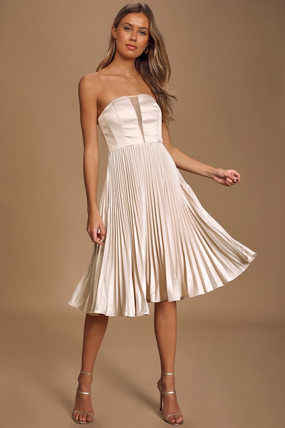 Just Like a Movie Champagne Strapless Pleated Midi Dress 6