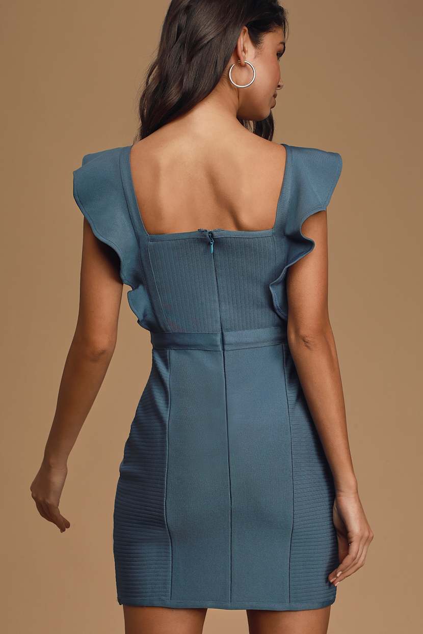 Denim Blue Ruffled Dress - Bandage Mini Dress - Bodycon Dress - Lulus