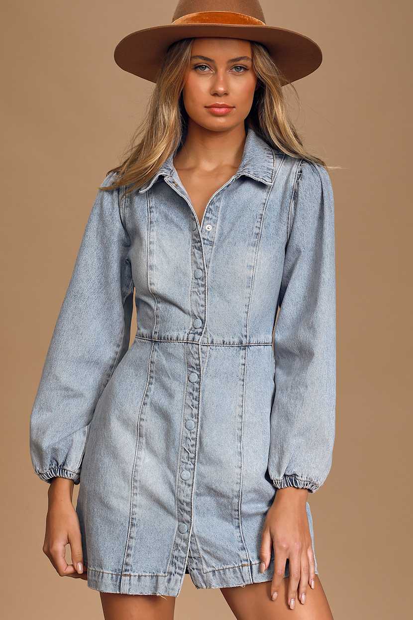Free People Mia - Light Wash Denim Dress - Collared Denim Dress - Lulus