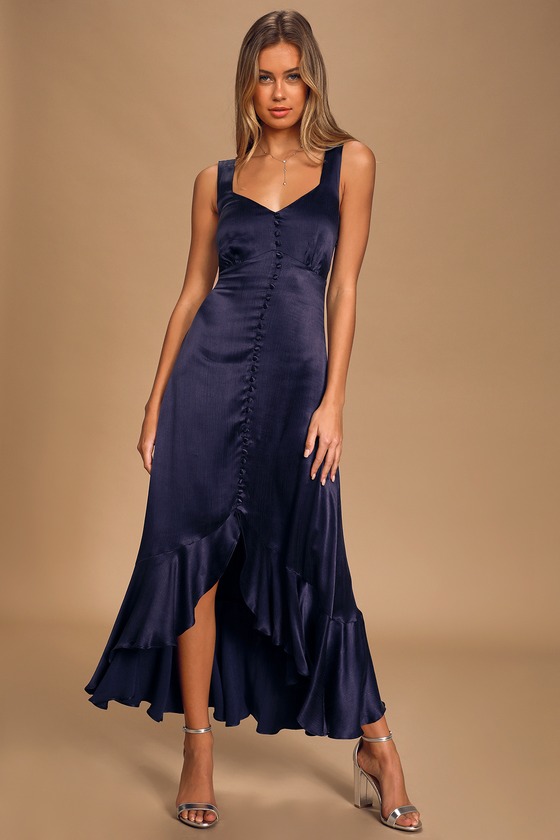 Chic Navy Blue Dress - Satin Maxi Dress - Ruffled High-Low Dress - Lulus