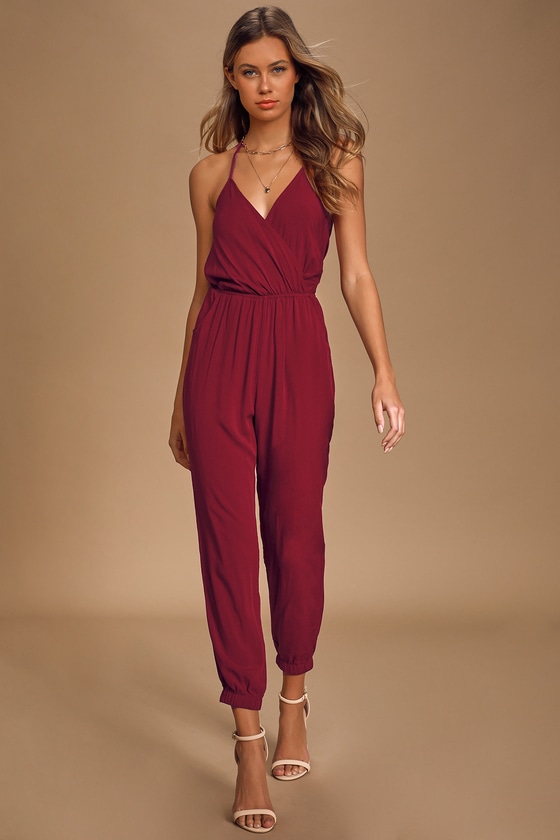 Cute Burgundy Jumpsuit - Surplice Jumpsuit - Halter Jumpsuit - Lulus