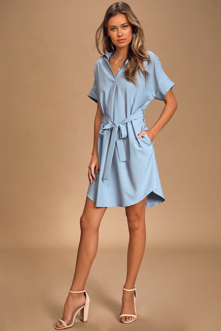 Chic Blue Chambray Dress - Collared Dress - Belted Shirt Dress - Lulus Chic Blue Chambray Dress - Collared Dress - Belted Shirt Dress - Lulus