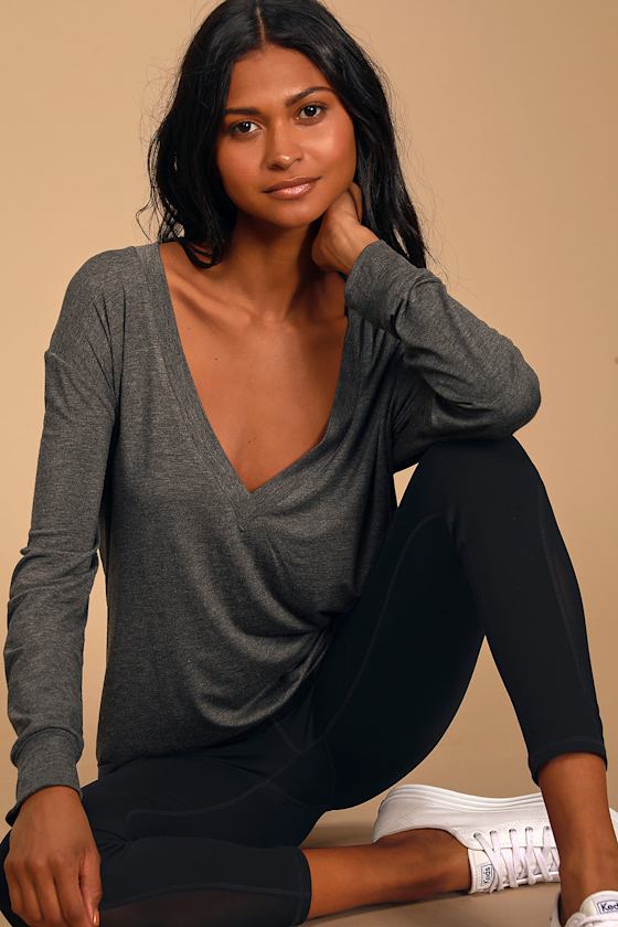 Heather Charcoal Grey Top Long Sleeve Top VNeck Top Lulus