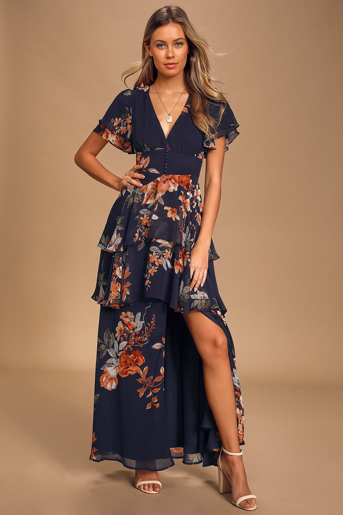 Navy Blue Floral Print Tiered Maxi Dress for Fall Wedding Guest