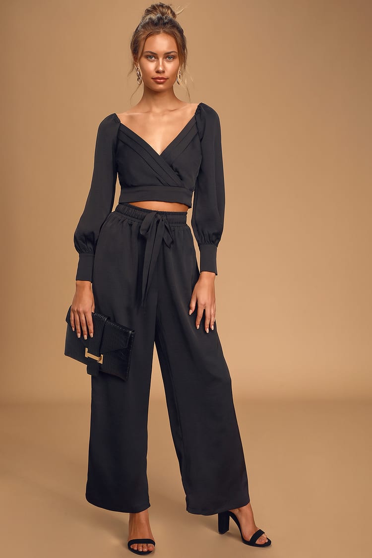 Completely Into You Black Satin Wide-Leg Pants