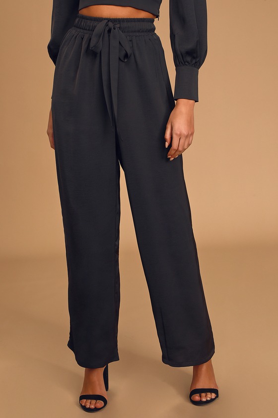 black pants with satin stripe