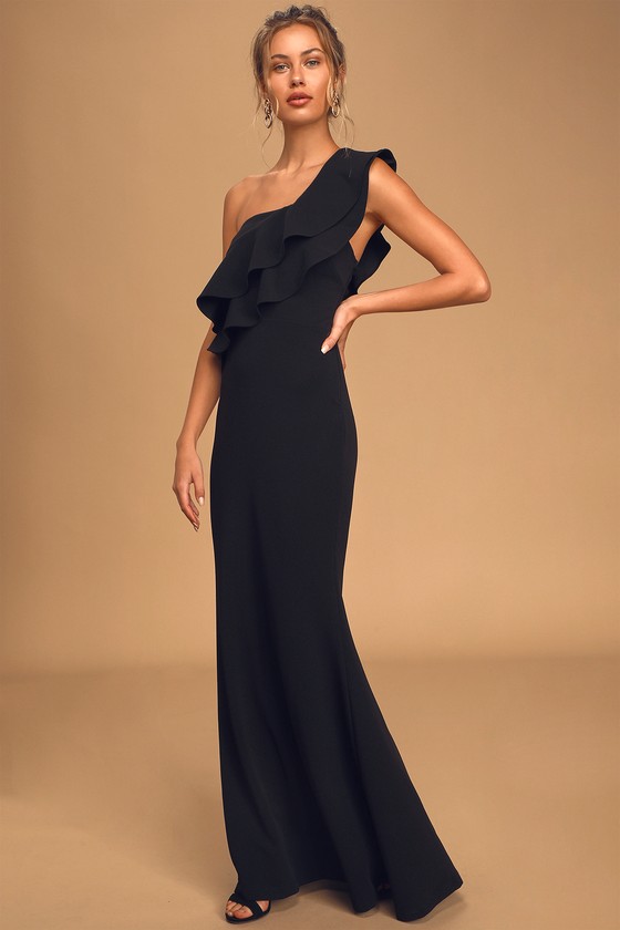Black Ruffled One-Shoulder Maxi Dress - Mermaid Maxi Dress - Gown - Lulus