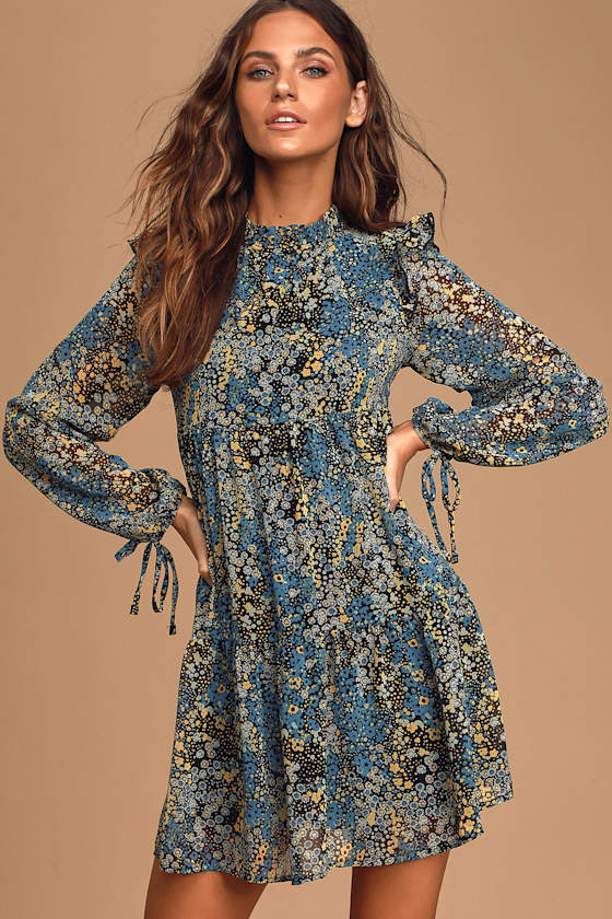 It's Dreamy Blue Multi Floral Print Long Sleeve Babydoll Dress 3