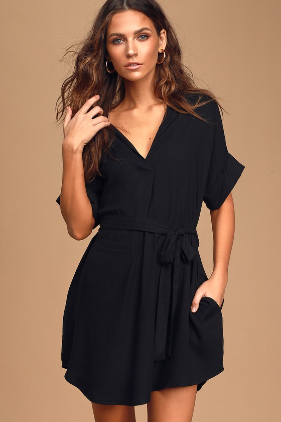 Chic Black Shirt Dress - Collared Dress - Belted Shirt Dress - Lulus