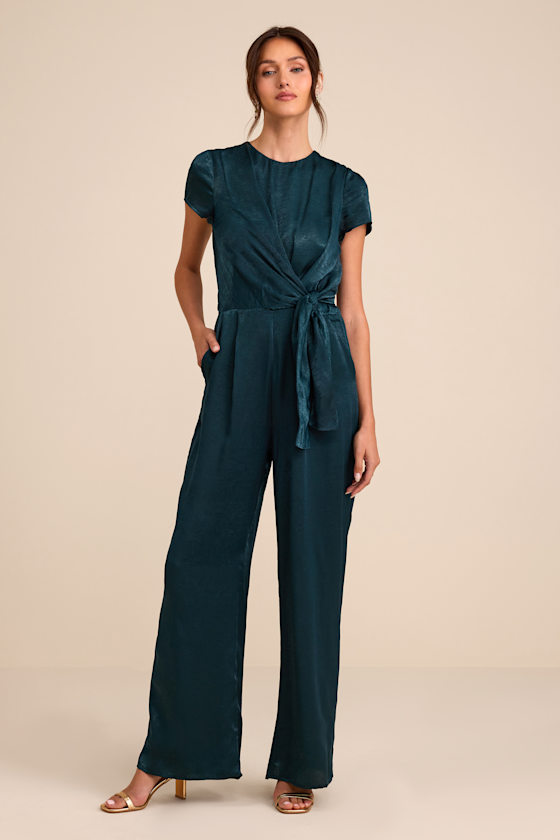 Dark Green Jumpsuit - Knotted Jumpsuit - Satin Jumpsuit - Lulus