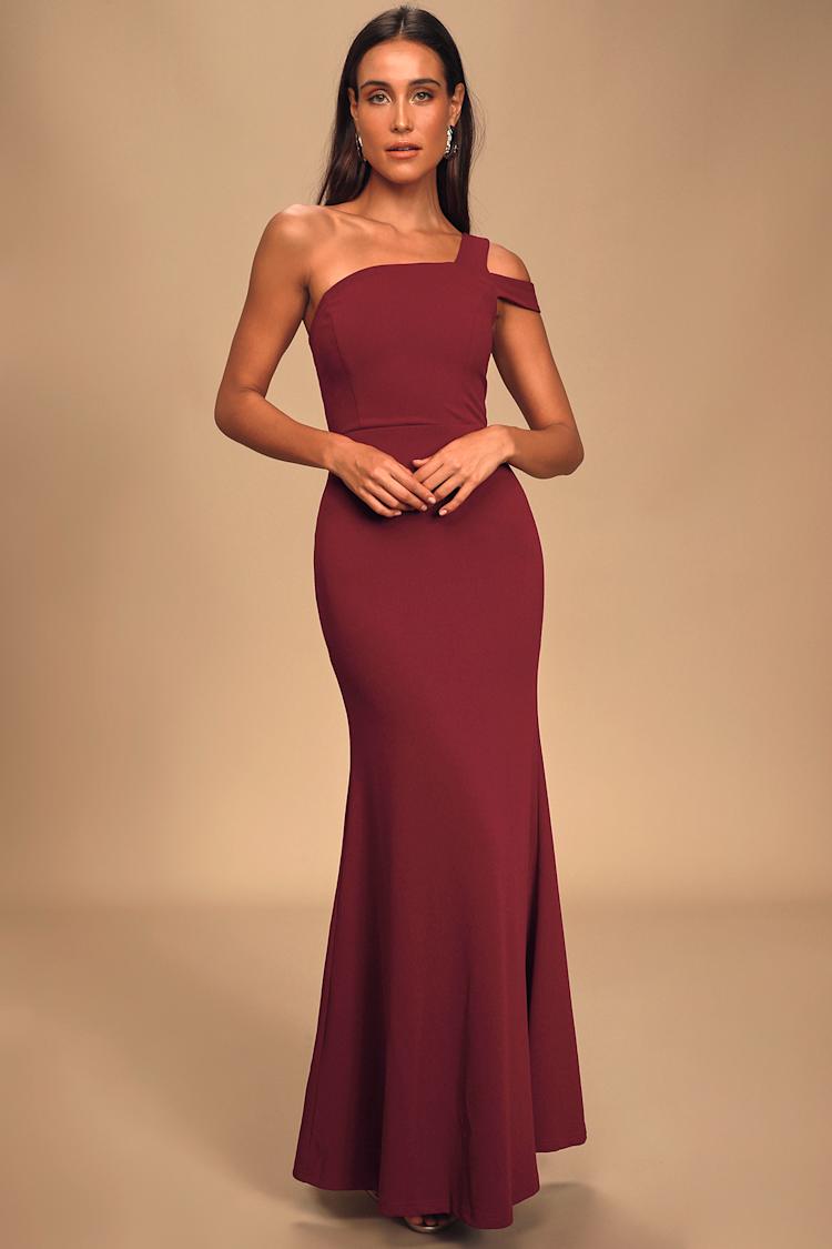 Lovely Burgundy Dress - Maxi Dress - One-Shoulder Mermaid Dress - Lulus