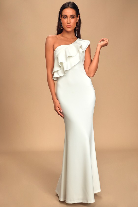 White Ruffled One-Shoulder Maxi Dress - Mermaid Maxi Dress - Lulus