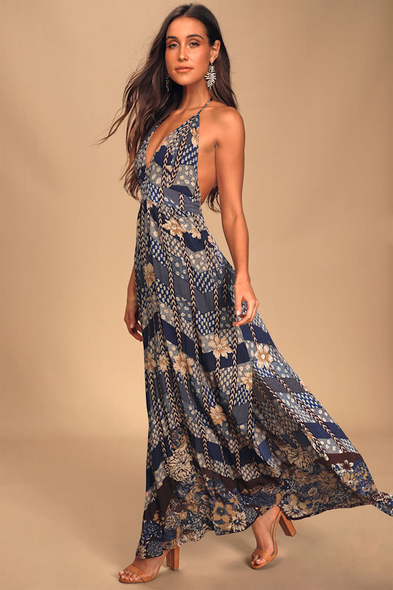 Annalisa Blue Multi Floral Print Halter Maxi Dress 10