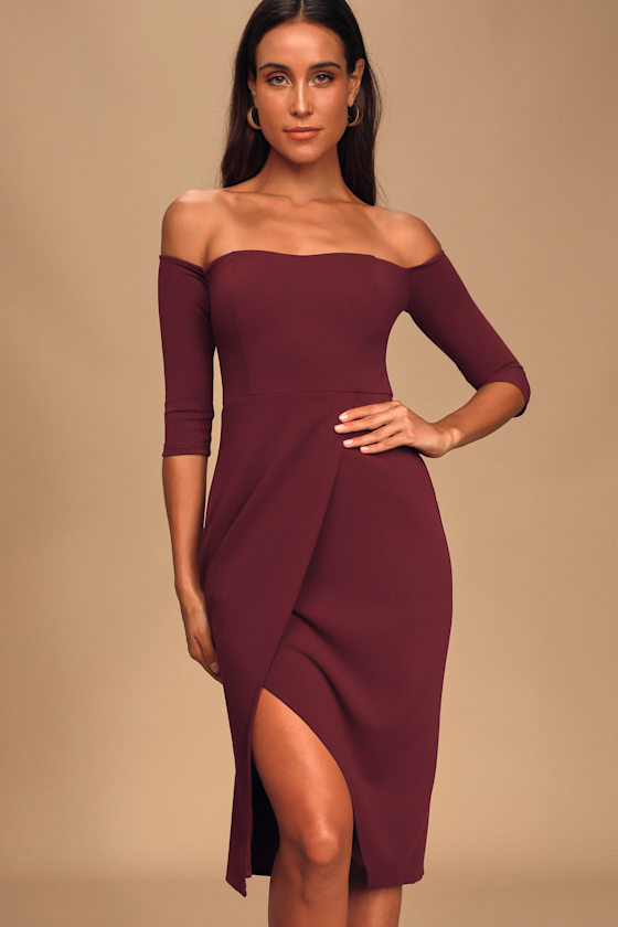 Flames of Desire Plum Purple Off-The-Shoulder Midi Dress