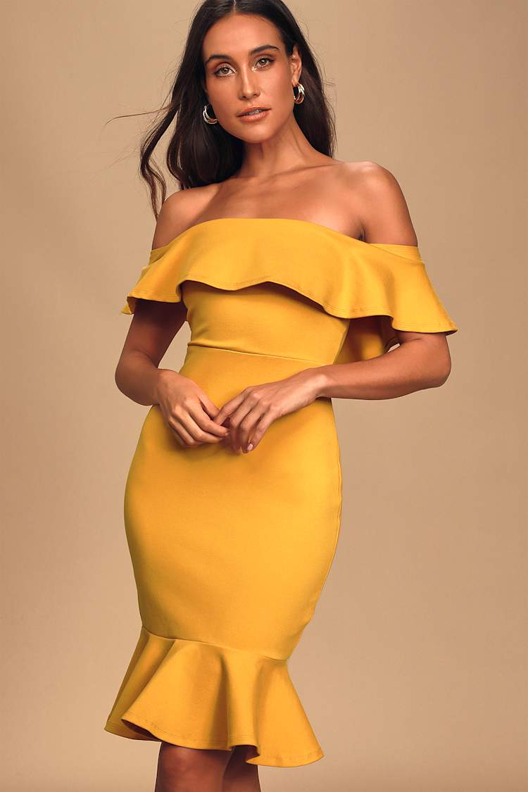 mustard yellow bodycon dress Mustard Off-the-Shoulder Bodycon Dress – Sweetheart Neckline main image 0