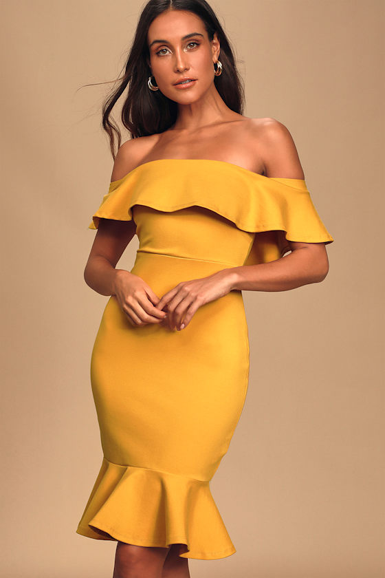 Confidence Boost Mustard Yellow Off-the-Shoulder Bodycon Dress 3