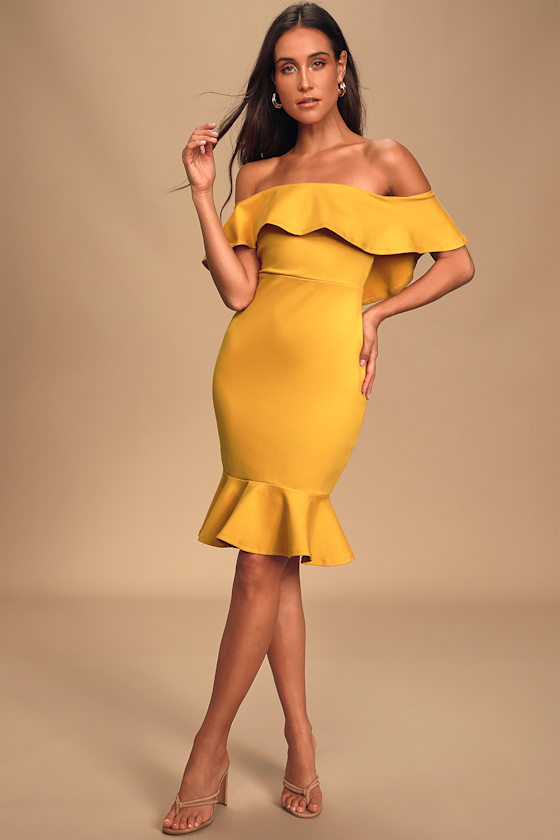 Sexy Yellow Dress - Bodycon Dress - Off-the-Shoulder Dress - Lulus