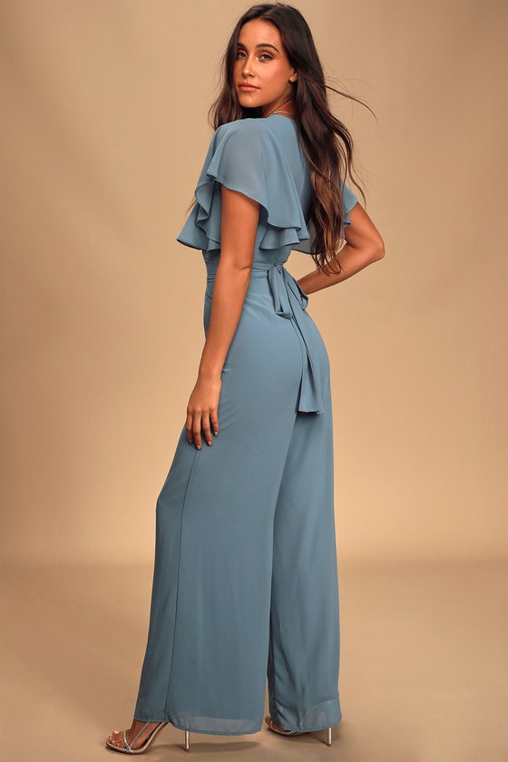 Slate Blue Flutter Sleeve Jumpsuit - Surplice Tie-Front Jumpsuit - Lulus