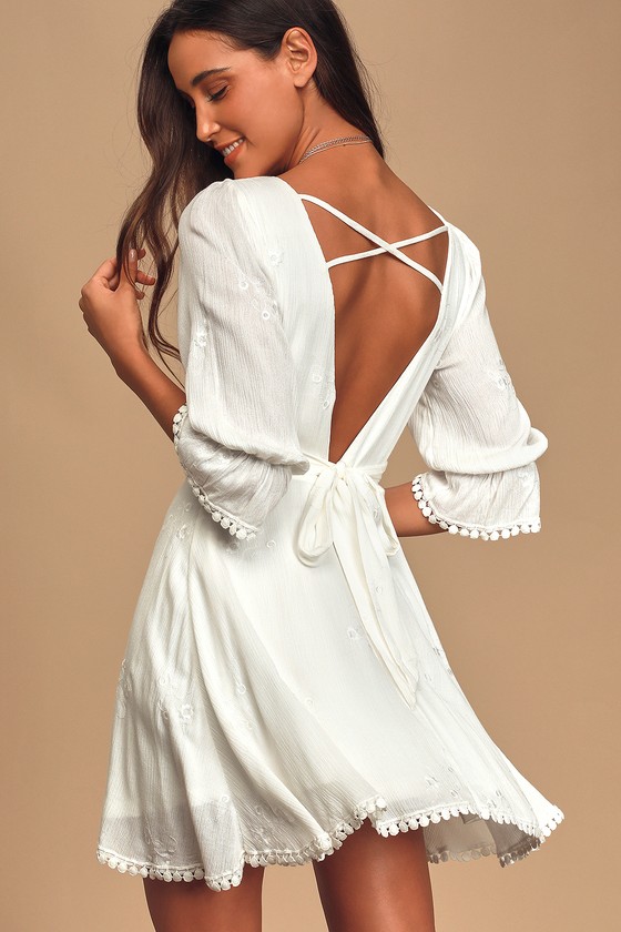 In the Meadow White Embroidered Backless Mini Dress
